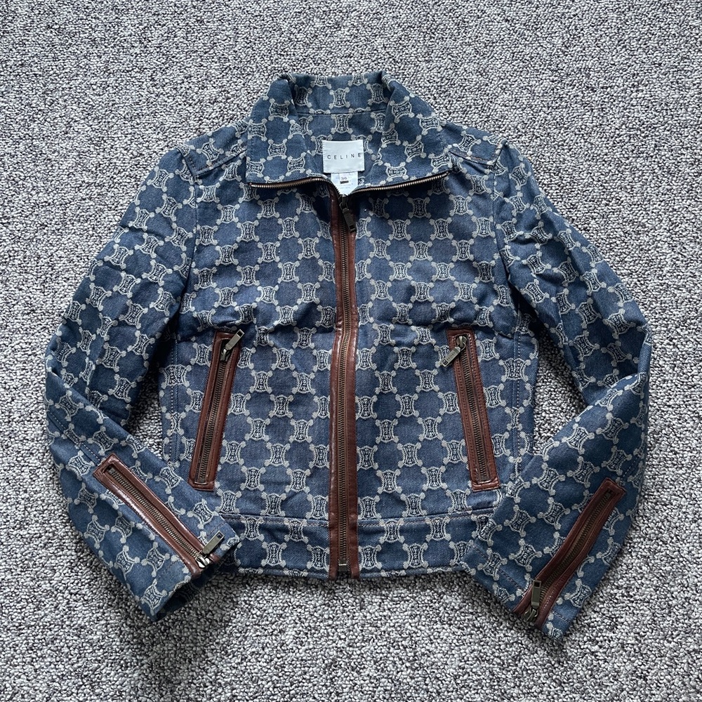 Celine Made in France Denim Leather Triomphe Logo Emblem Jacket Blazer 38 XS